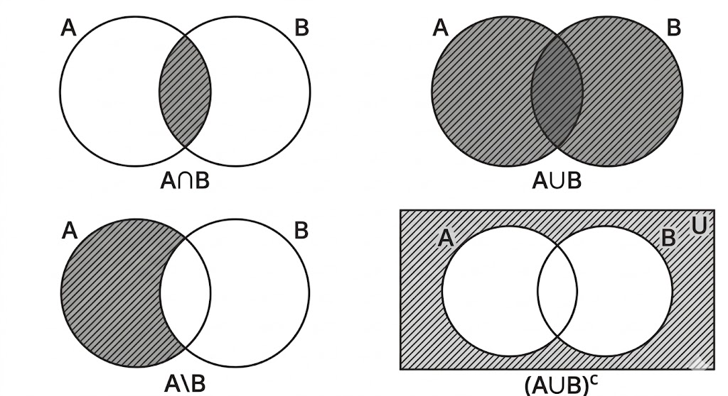 Diagramas de Venn que ilustram as operações entre conjuntos: união, interseção, diferença, complementar e diferença simétrica